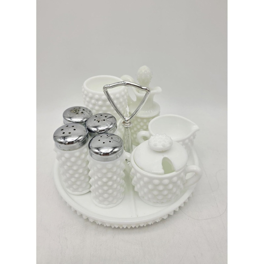 VTG Fenton Hobnail Milk Glass Condiment Set #3809 12 PC Salt Pepper Cream Sugar